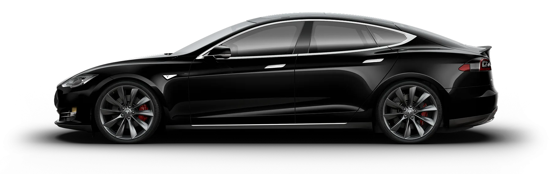 Side view of a sleek black Tesla Model S electric sedan with tinted windows and silver trim.